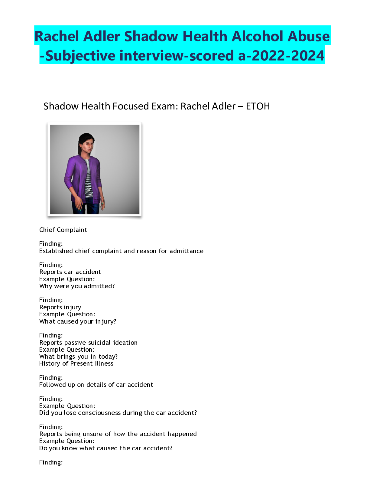 Preview of Rachel Adler Shadow Health Alcohol Abuse -Subjective interview-scored a-2022-2024